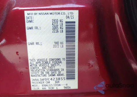 2015 Nissan Altima 2.5 S z USA, uszkodzony, nr VIN 1N4AL3AP3FC423855